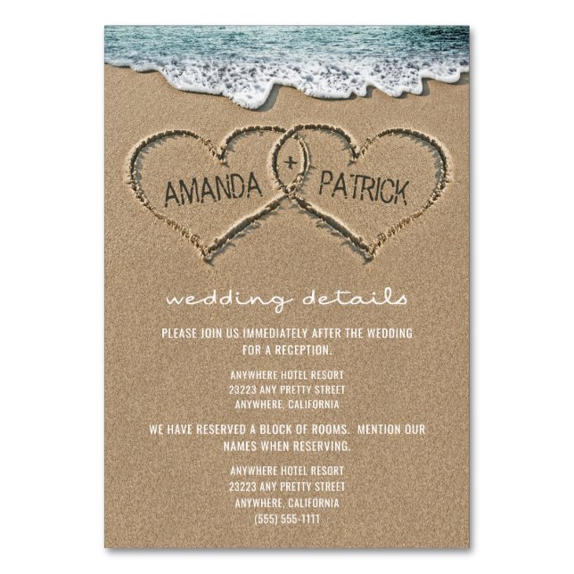 Hearts in the Sand Beach Wedding Enclosure Cards (Front)
