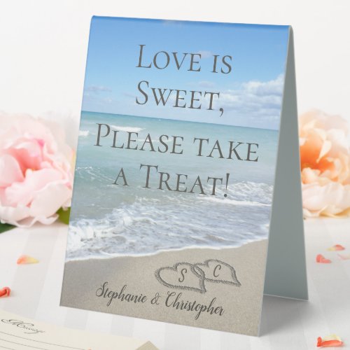Hearts in the Sand Beach Wedding Favor Table Tent Sign