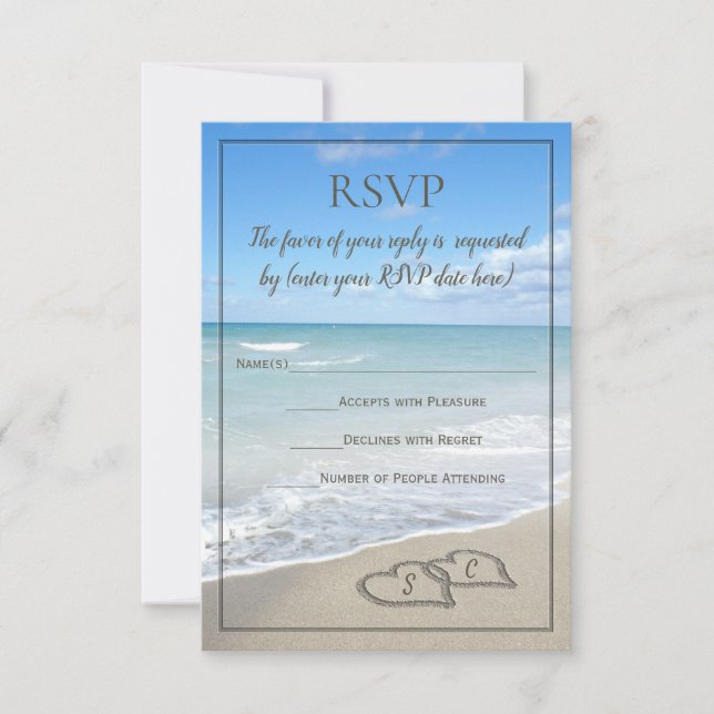 Hearts in the Sand Beach Wedding Monogram RSVP (Front)