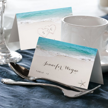 Hearts In The Sand Beach Wedding Place Card by AvaPaperie at Zazzle
