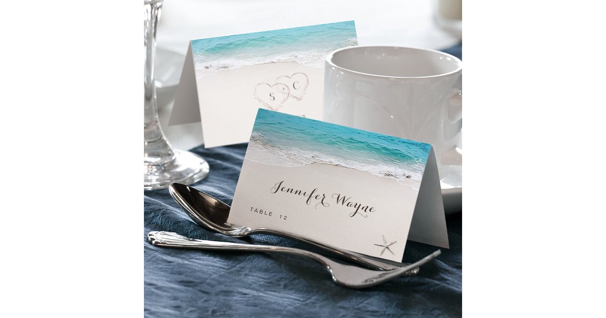 Hearts in the sand beach wedding Place Card | Zazzle