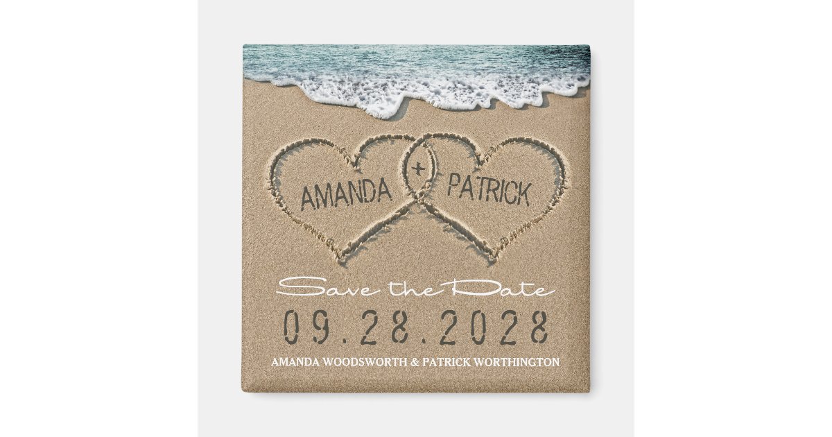 Hearts in the Sand Beach Wedding Save the Date Magnet | Zazzle