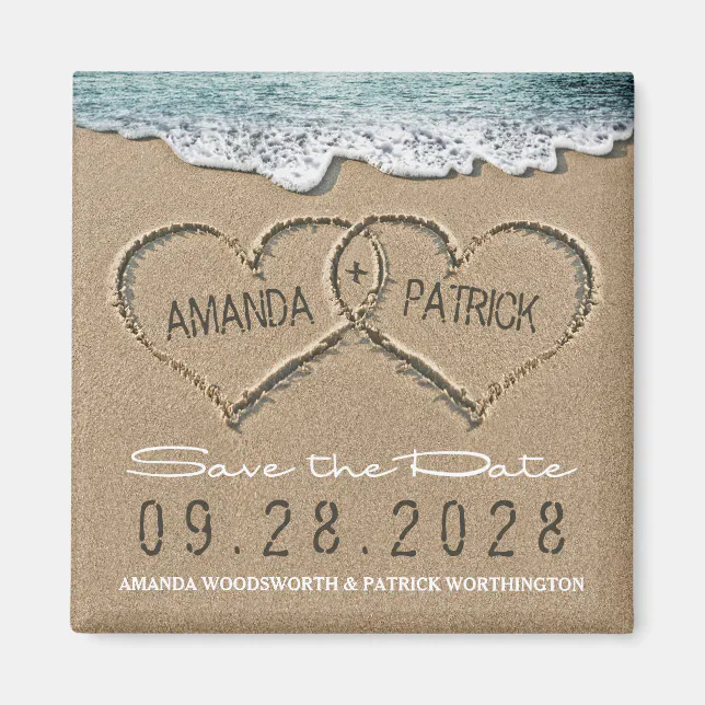 Hearts in the Sand Beach Wedding Save the Date Magnet | Zazzle