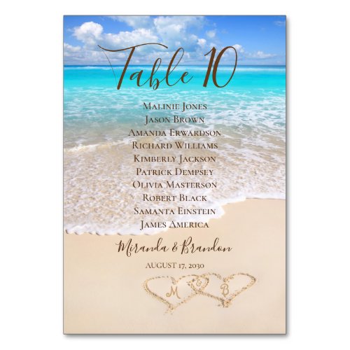 Hearts in the Sand Beach Wedding Seating Chart Table Number