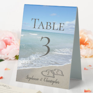 Hearts in the Sand Beach Wedding Table Number Tent