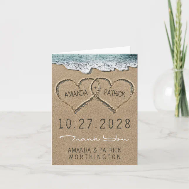 Hearts in the Sand Beach Wedding Thank You Cards | Zazzle