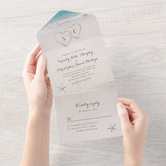 Hearts in the sand destination beach wedding all in one invitation (Tearaway)