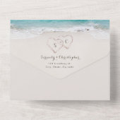 Hearts in the sand destination beach wedding all in one invitation (Back)