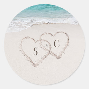 Hearts in the sand destination beach wedding classic round sticker