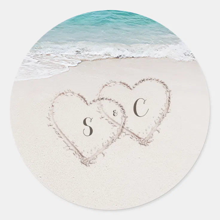 Hearts in the sand destination beach wedding classic round sticker | Zazzle