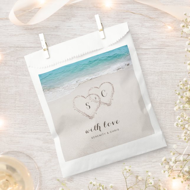Hearts in the sand destination beach wedding favor bag (Clipped)