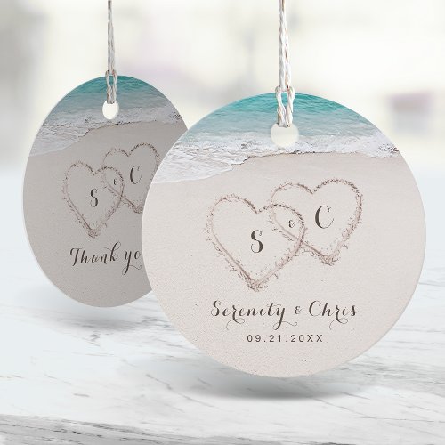 Hearts in the sand destination beach wedding favor tags