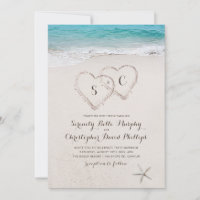 Hearts in the sand destination beach wedding invitation