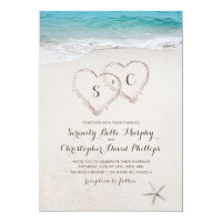 Hearts in the sand destination beach wedding invitation