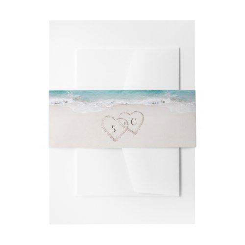 Hearts in the sand destination beach wedding invitation belly band