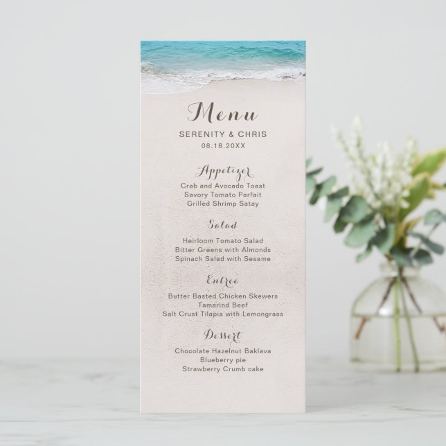 Hearts in the sand destination beach wedding menu (Standing Front)