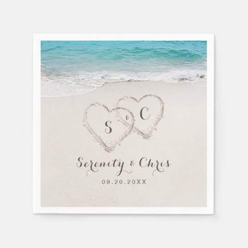 Hearts in the sand destination beach wedding napkins