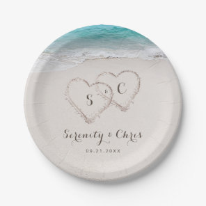 Hearts in the sand destination beach wedding paper plates