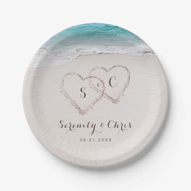 Hearts in the sand destination beach wedding paper plates (Front)