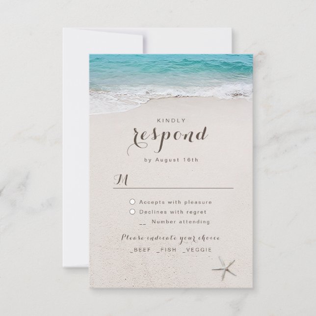 Hearts in the sand destination beach wedding RSVP card (Front)