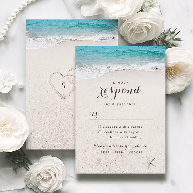 Hearts in the sand destination beach wedding RSVP card | Zazzle