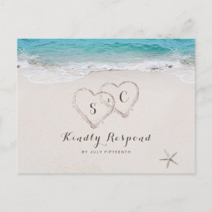 Hearts in the sand destination beach wedding RSVP Invitation Postcard