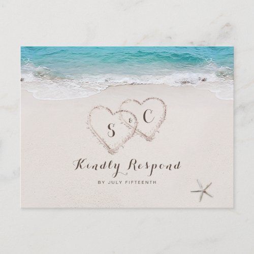 Hearts in the sand destination beach wedding RSVP Invitation Postcard