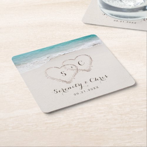 Hearts in the sand destination beach wedding square paper coaster