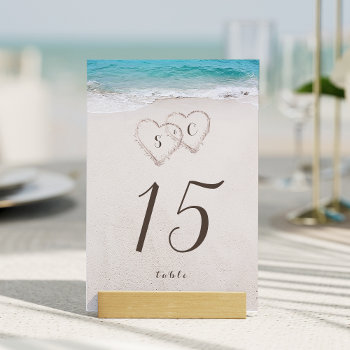 Hearts In The Sand Destination Beach Wedding Table Number by AvaPaperie at Zazzle