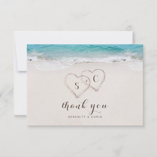 Hearts in the sand destination beach wedding thank you card