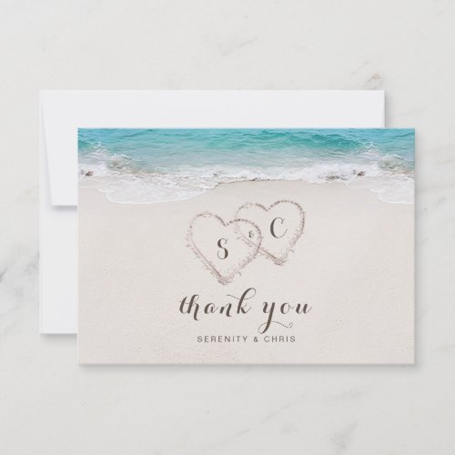 Hearts in the sand destination beach wedding thank you card