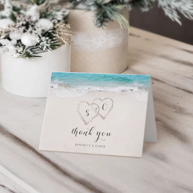 Hearts in the sand destination beach wedding thank you card | Zazzle