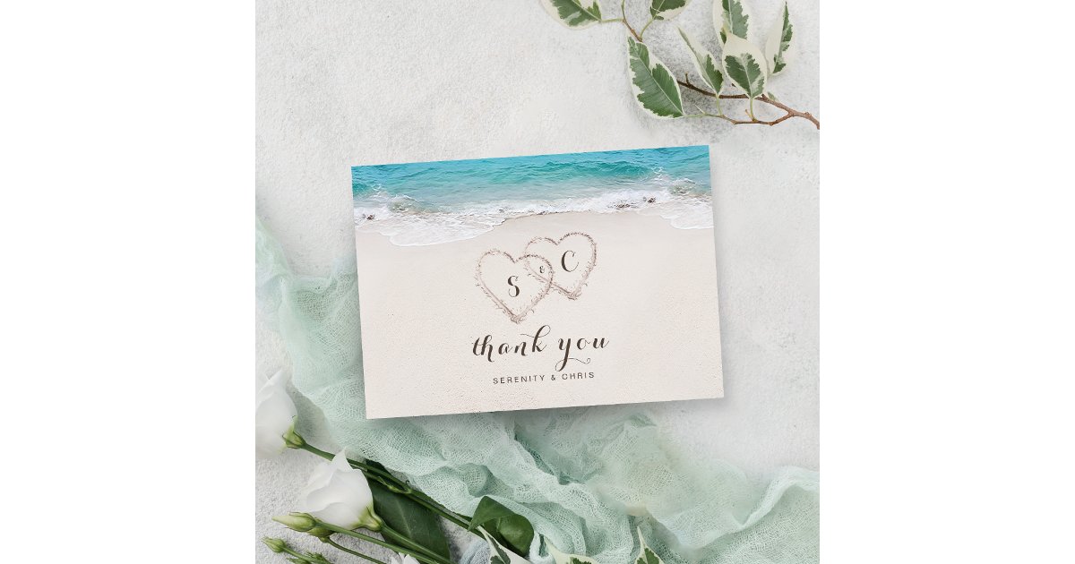 Hearts in the sand destination beach wedding thank you card | Zazzle