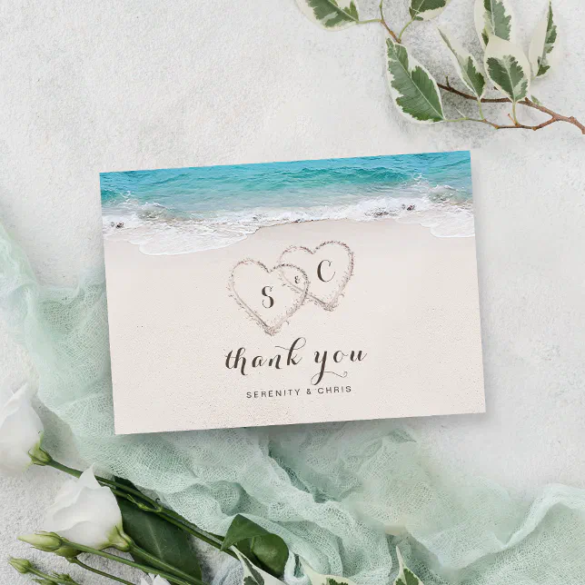 Hearts in the sand destination beach wedding thank you card | Zazzle