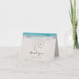 Hearts in the sand destination beach wedding thank you card