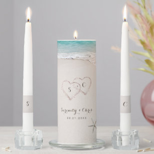 Hearts in the sand destination beach wedding unity candle set