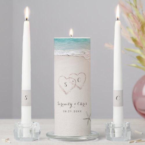 Hearts in the sand destination beach wedding unity candle set