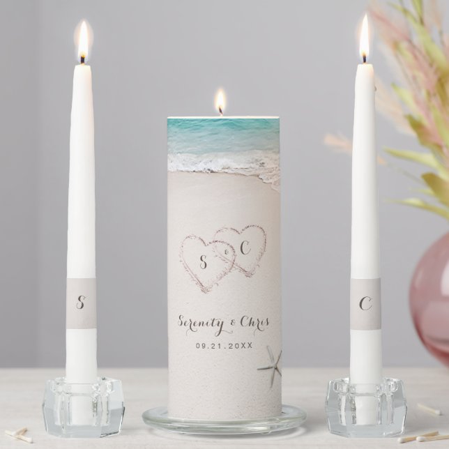 Hearts in the sand destination beach wedding unity candle set (In Situ)