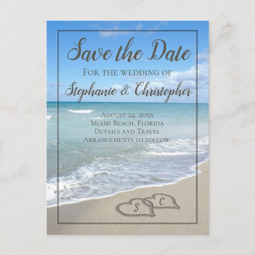 Hearts in the Sand Monogram Save the Date Wedding Announcement Postcard