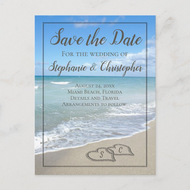 Hearts in the Sand Monogram Save the Date Wedding Announcement Postcard (Front)