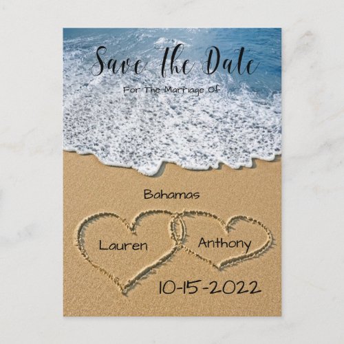 Hearts In The Sand On Beach Wedding Save The Date Postcard