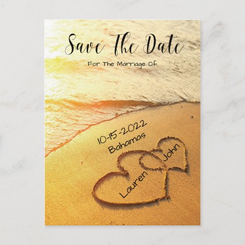Hearts In The Sand On Beach Wedding Save The Date Postcard