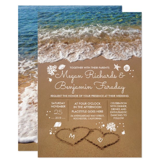 Hearts In The Sand Summer Beach Wedding Invitation