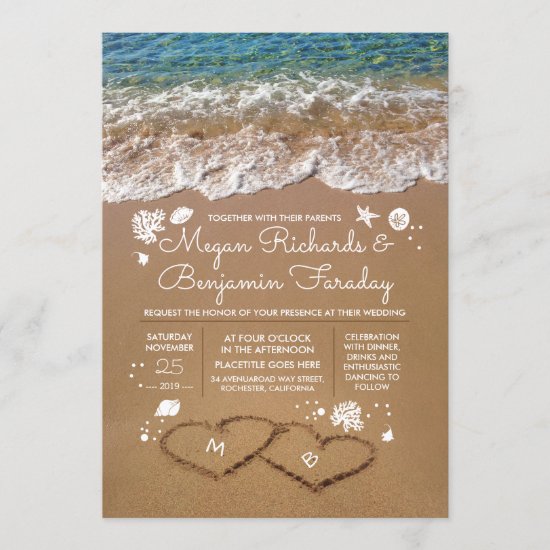 Hearts in the Sand Summer Beach Wedding Invitation