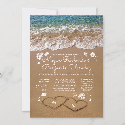 Hearts in the Sand Summer Beach Wedding Invitation - Fully customizable beach wedding invitation with the bride's and groom's initials in the sand hearts. Please push the 'customize' button to edit the font, move all the seashells, sand dollars, sea pearls etc.