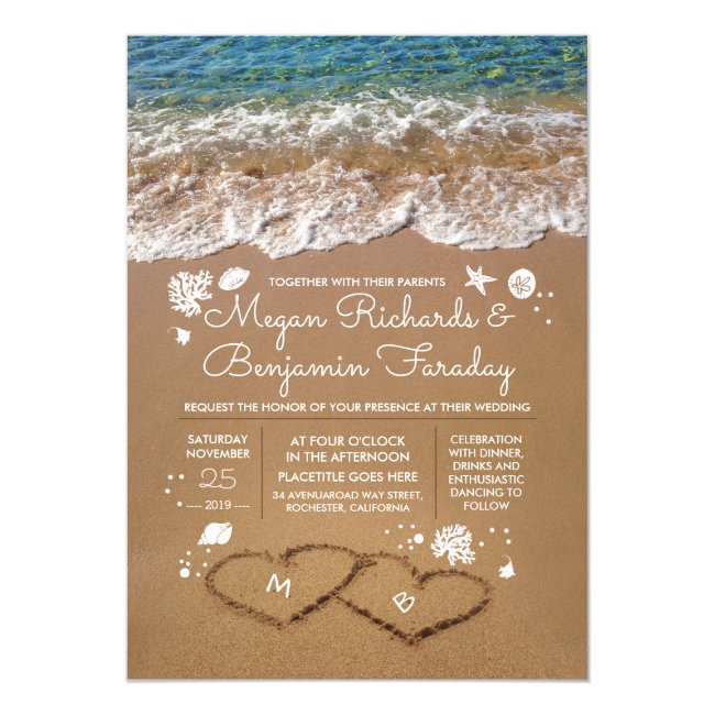 Hearts in the Sand Summer Beach Wedding Invitation