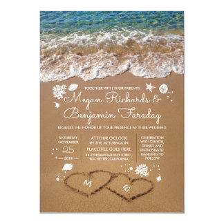 Hearts in the Sand Summer Beach Wedding Invitation