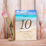 Hearts in the Sand Tropical Beach Wedding Table Number<br><div class="desc">Immerse your special day in the soothing ambiance of the beach with our Custom Hearts in the Sand Tropical Beach Wedding Table Numbers. This stunning design landscape features a soothing blue ocean wave pattern, creating a perfect backdrop for your table numbers. The elegant script used for the numbers adds an...</div>