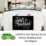 HEARTS Just Married Script Names Wedding Date Car Magnet<br><div class="desc">Celebrate love in style with our HEARTS Just Married Script Names Wedding Date Car Magnet – the perfect addition to your wedding day getaway! Crafted with unique charm, this adorable car sign adds a touch of whimsy to your newlywed journey. Featuring trendy white script font typography. Personalized with your names...</div>