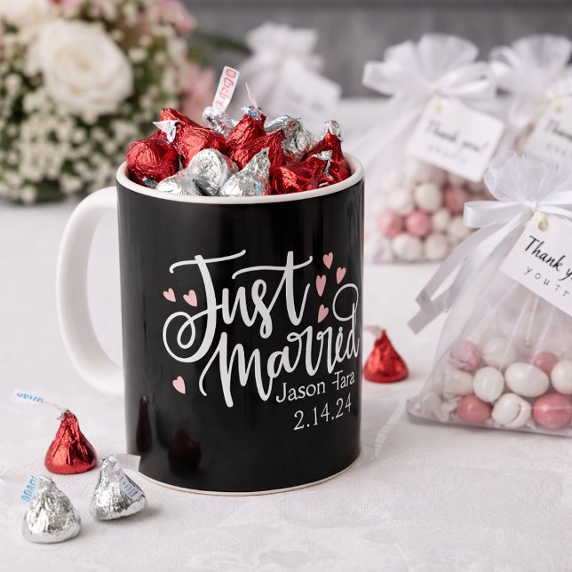 HEARTS Just Married Script Names Wedding Date Coffee Mug (Creator Uploaded)